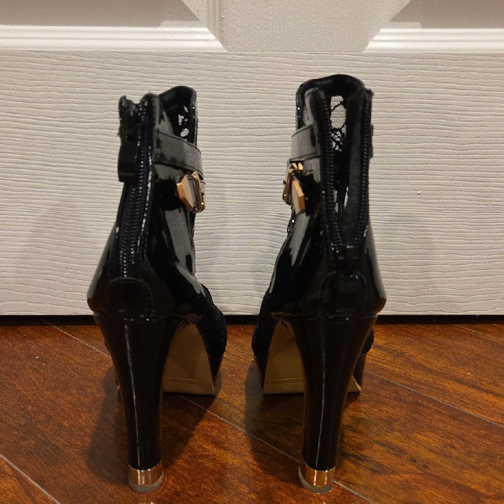 Black Lace Peep-Toe High Heel Booties with Gold Buckle - Picture 3 of 9